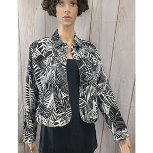 Chico's Women 1(US 8 Med) Black & White Denim Geometric Leaf Print Blazer Jacket